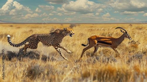 Dramatic scene full speed cheetah chases an antelope in the savannah