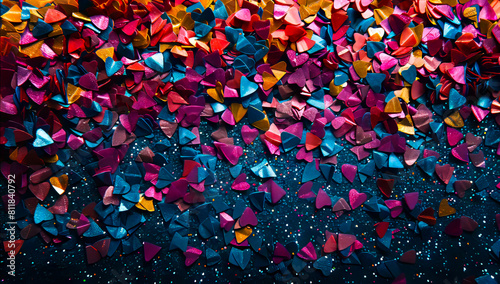 Colorful origami paper falling on a dark background.