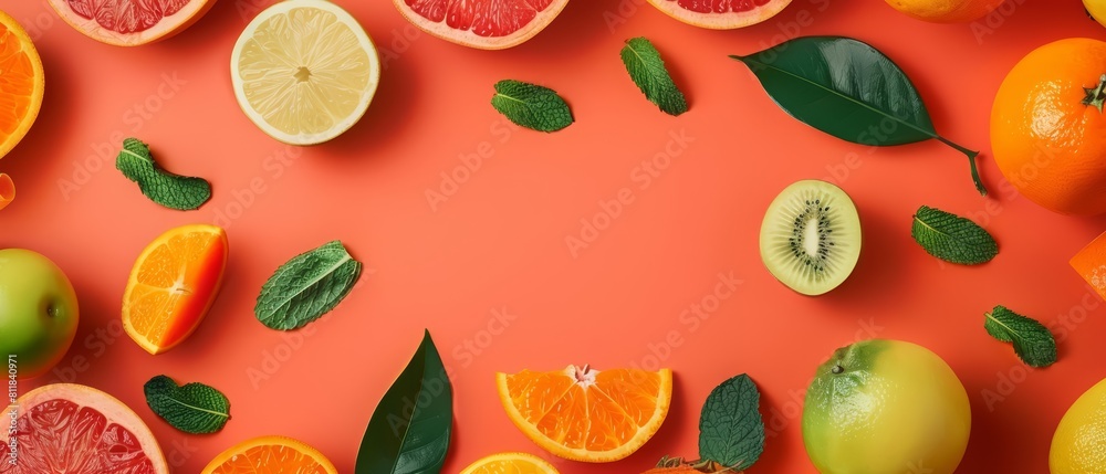 A vibrant collection of tropical fruits arranged in a creative flat lay template, showcasing natures palette, with solid background and copy space on center A vibrant collection of tropical fruits arranged in a creative flat lay template, showcasing natures palette, with solid background and copy space on center