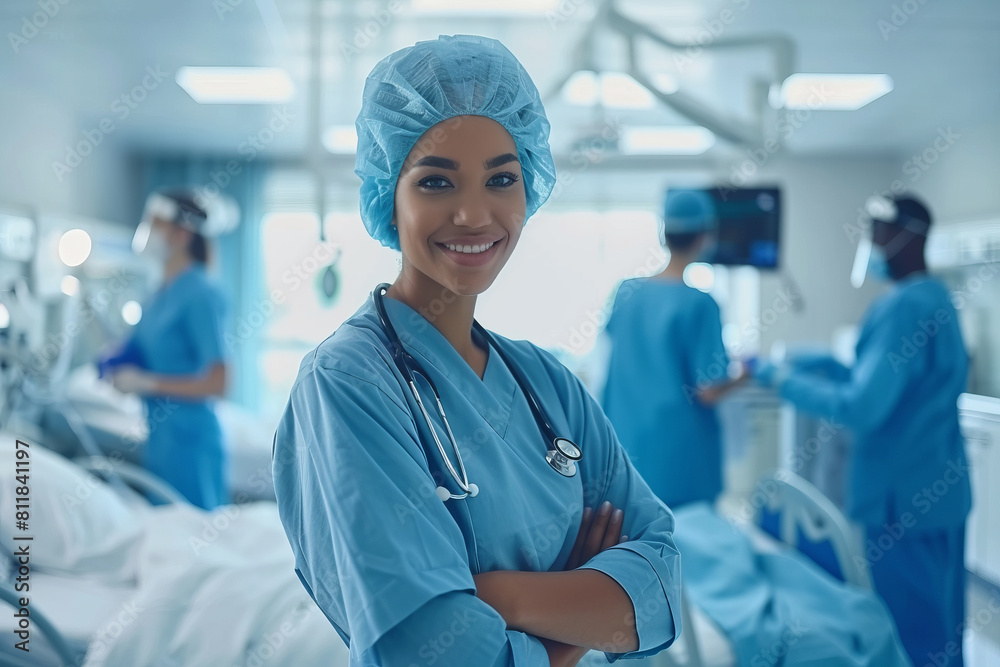 Portrait of a smiling nurse in front of her medical team. Portrait of a smiling nurse in front of her medical team.