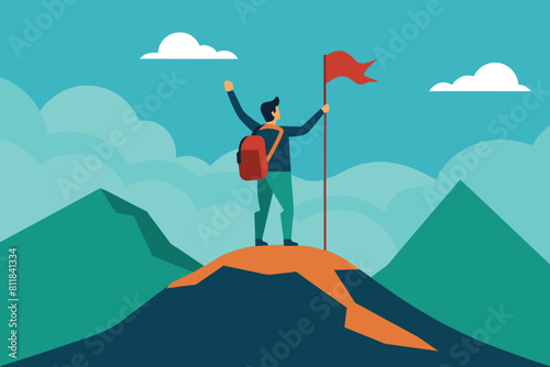 A traveler man on top of a mountain with a backpack and a flag triumphantly raised his hand and looking on valley. The concept of travel  hikes  discoveries  exploration  adventure tourism and travel