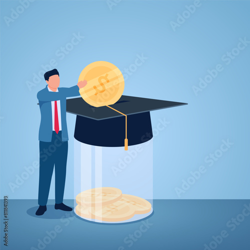 A man puts coins into a graduation cap piggy bank, illustration for educational investment.