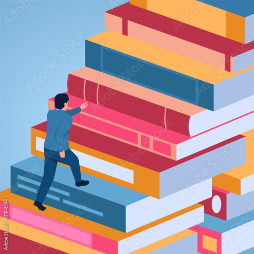 A man climbs a ladder made of stacks of books, illustration for educational investment.