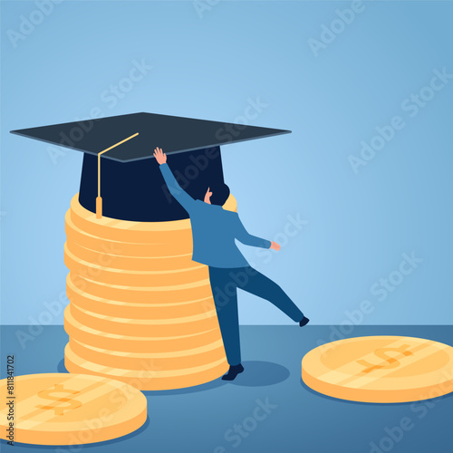 A man reaches for a graduation cap on a pile of coins, illustration for educational investment.