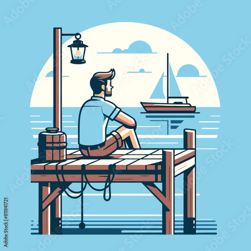 Cartoon of a person sitting on a dock looking at a ship