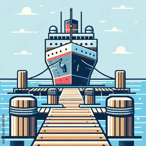 Cartoon illustration of a large ship docked at a pier