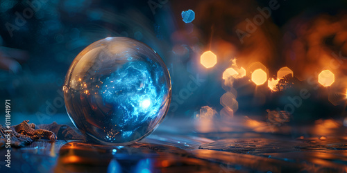 Magic crystal ball on a table crystal ball Mystical crystal ball predicts fortunes summon spirits on blue background 