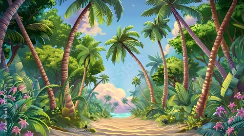 Lush Tropical Landscape with Winding Path through Verdant Palm Tree Jungle