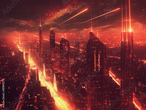 A vibrant city illuminated with red and orange lights under a starry sky suggesting a sci-fi urban future.
