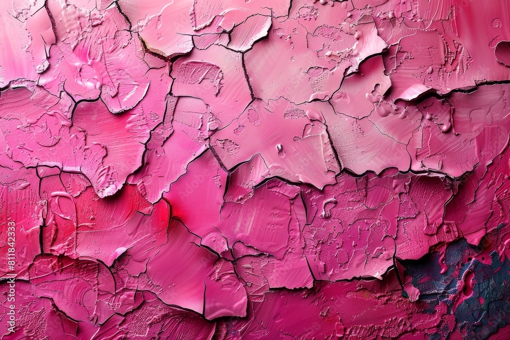 A vibrant close-up of pink paint that has dried and cracked over time, creating an interesting texture