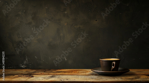 Picture shows a coffee and saucer in dark background. The table is made of wood. photo