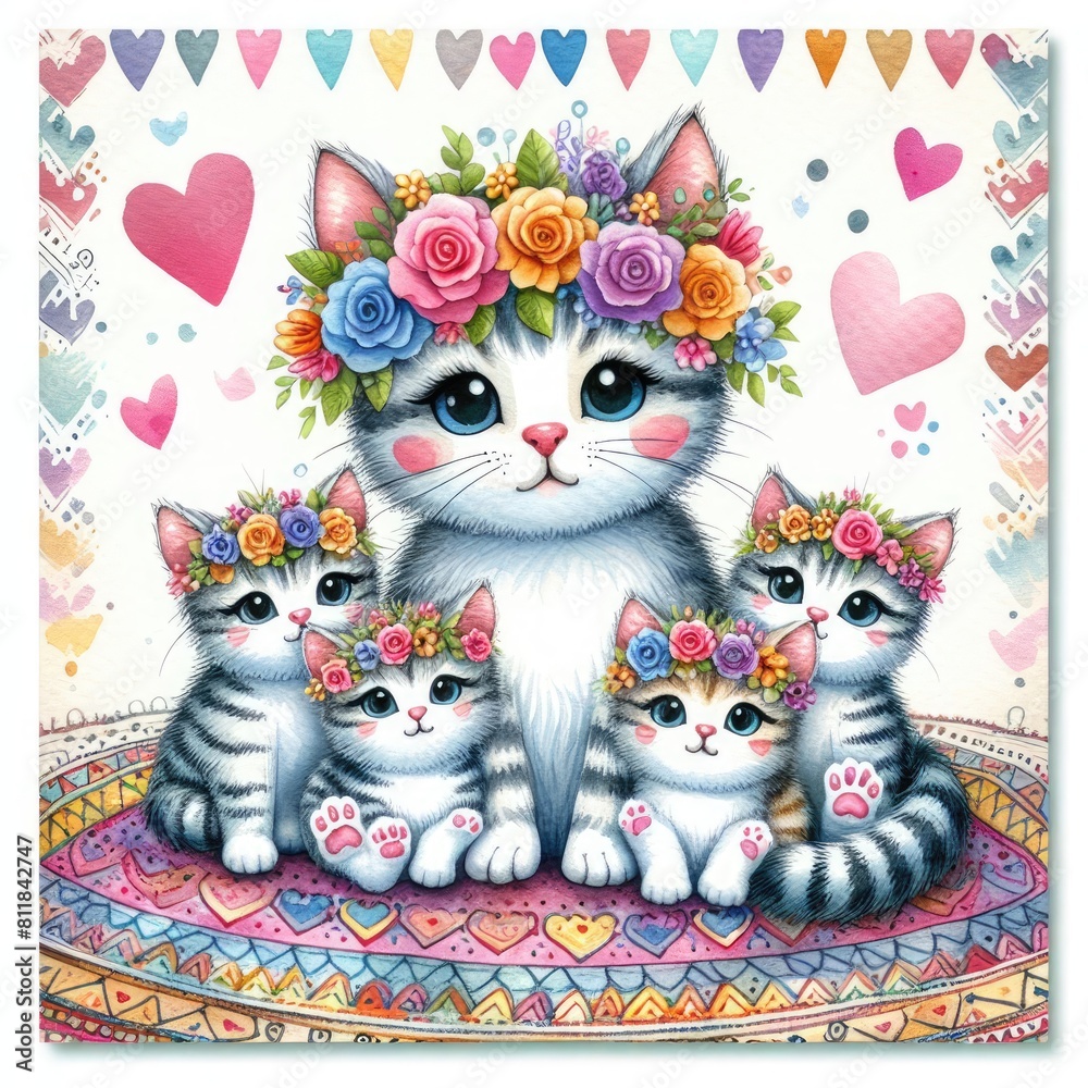 A cat with flowers on its head and kittens image attractive harmony has illustrative meaning illustrator.
