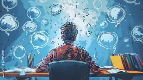 Focused Work Man at Desk with Thought Bubbles - Time Management Concept photo
