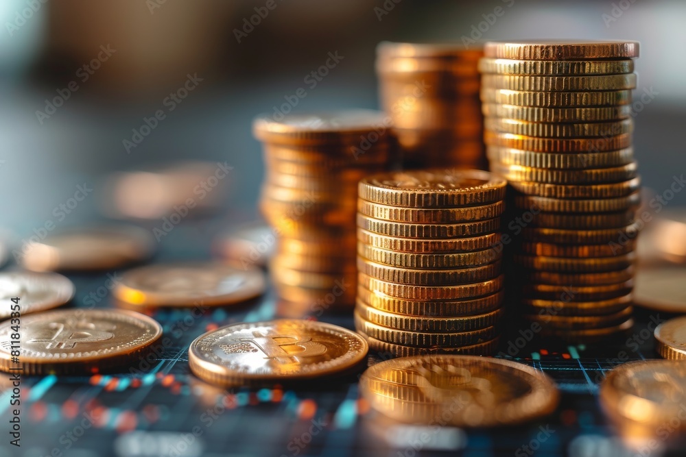 Stacks of multiple coins against a financial chart background depicting investment and stock market concepts Stacks of multiple coins against a financial chart background depicting investment and stock market concepts