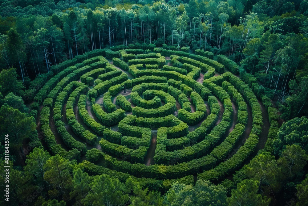 Captivating aerial view of a green spiral hedge maze within a forest setting, symbolizing quest and nature's artistry Captivating aerial view of a green spiral hedge maze within a forest setting, symbolizing quest and nature's artistry
