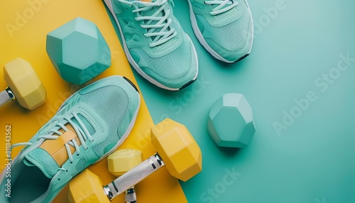 Celebrate fitness with a creative flat lay template of gym gear, including sneakers and dumbbells, set for an active day, with solid background and copy space on center photo