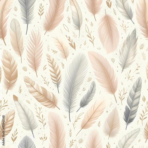 feathers seamless pattern on beign background  generative ai