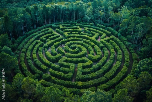 Captivating aerial view of a green spiral hedge maze within a forest setting  symbolizing quest and nature s artistry