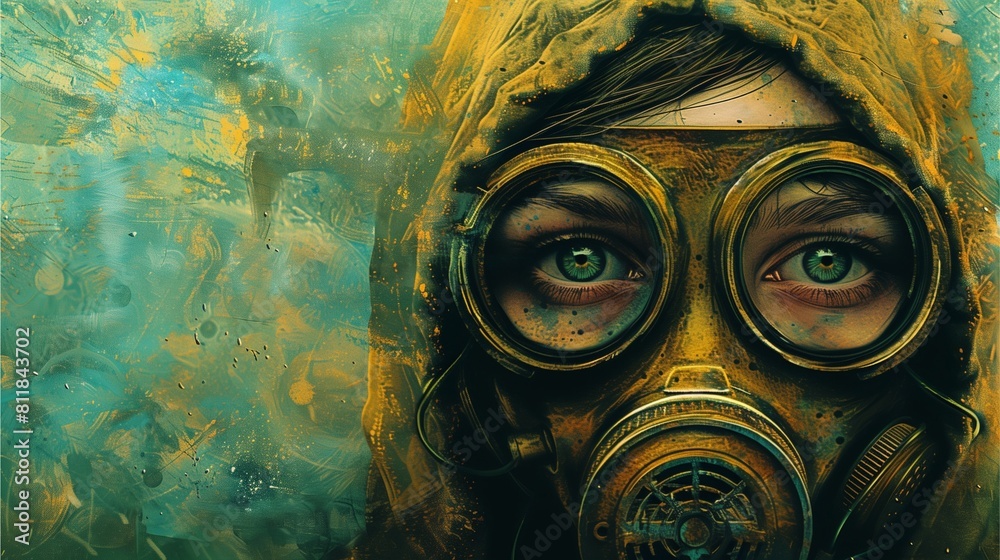 oil painting Woman wearing a gas mask