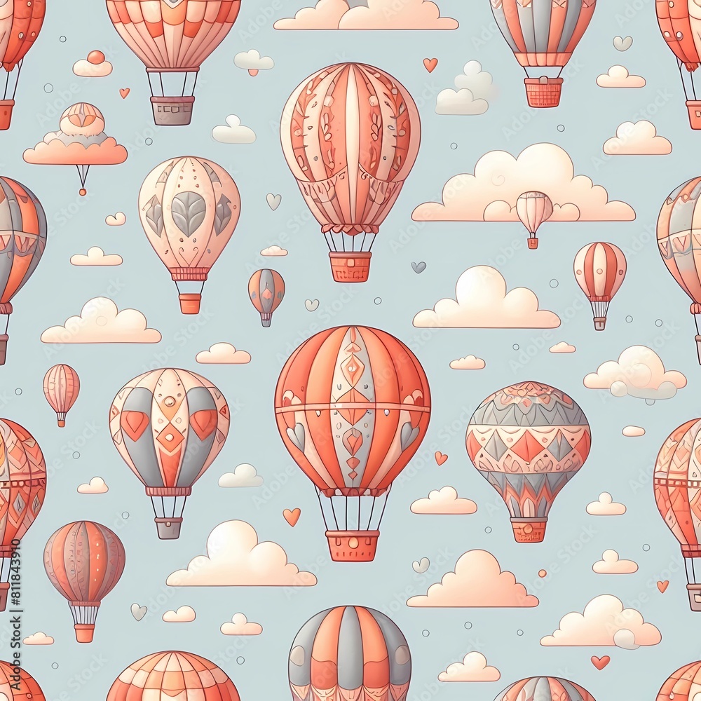 Naklejka premium background seamless pattern with balloons and clouds in sky in pastel colours, generative ai