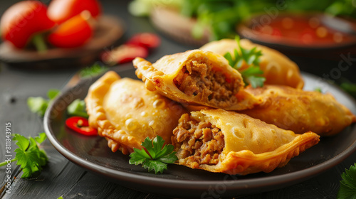 Savory fried dumplings filled with juicy mutton, served on a plate. photo