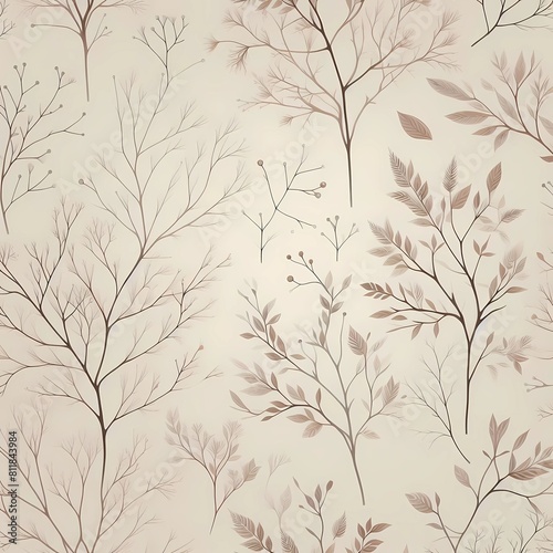 seamless floral pattern with branches and leaves in brown beign colours background, generative ai