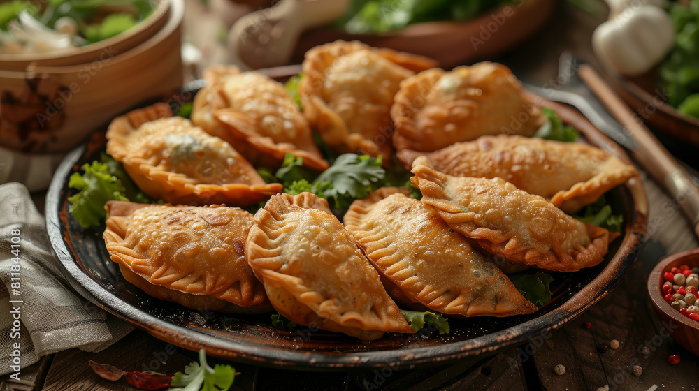 Savory fried dumplings filled with juicy mutton, served on a plate. Savory fried dumplings filled with juicy mutton, served on a plate.