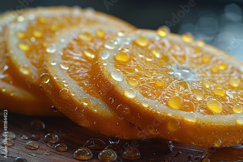 Close-up view of a freshly cut orange slice covered with water droplets against the wooden backdrop, depicting health and hydration