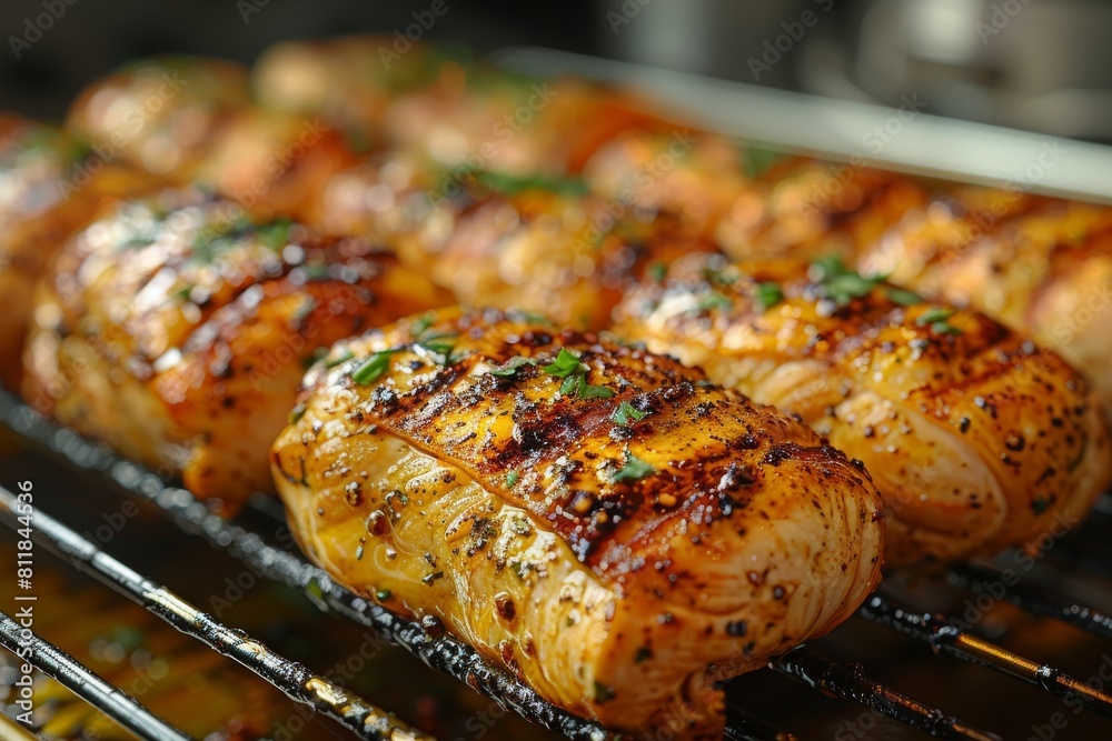 Delicious seasoned chicken breasts cooking on a flaming grill, shown in a close-up