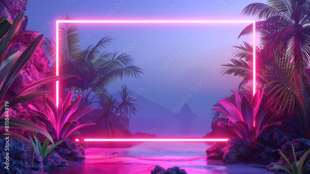 A neon sign with a pink frame is displayed in a tropical setting