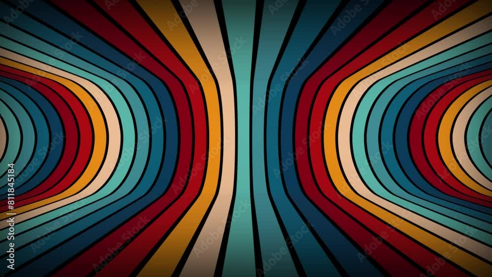 Vintage Striped Backgrounds, seamless loop animation, Retro Colors from the 1970s 1980s, 70s, 80s, 90s. Retro vintage 70s style stripes background footage lines. Endless tunnel moving design eighties 
