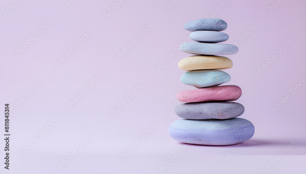 Stack of zen stones pastel colors on white background with empty copy space Stack of zen stones pastel colors on white background with empty copy space