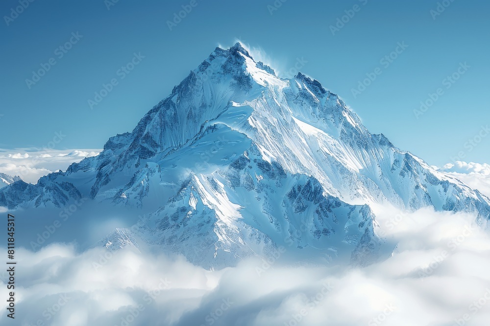 An awe-inspiring snow-clad mountain peak rises majestically above a sea of fluffy clouds against a clear blue sky An awe-inspiring snow-clad mountain peak rises majestically above a sea of fluffy clouds against a clear blue sky