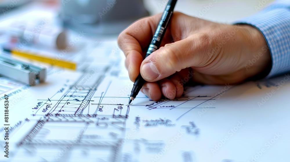 An architects hand drawing a blueprint of a building, with a construction helmet in the background An architects hand drawing a blueprint of a building, with a construction helmet in the background