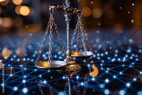A symbol of law, the golden scales of justice, set against a futuristic digital network backdrop, representing law in the digital age