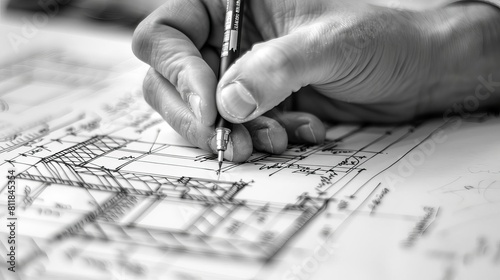 An architects hand drawing a blueprint of a building, with a construction helmet in the background