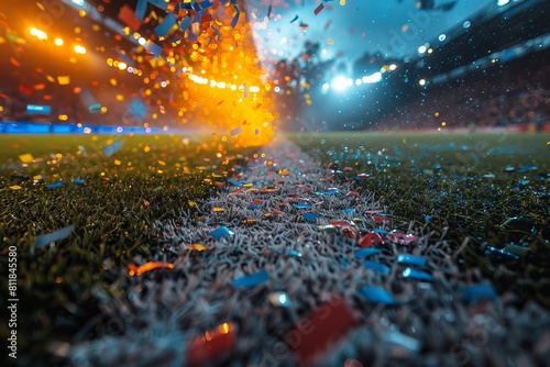 Dynamic image of a sports field with vivid confetti explosion under bright lights