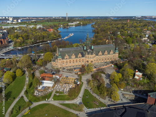 Photography Aerial view of the Nordic Museum, Stockholm, Sweden, on a clear sunny spring day