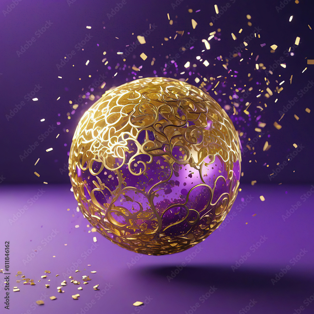 Abstract 3d render of golden sphere with confetti on purple background Abstract 3d render of golden sphere with confetti on purple background