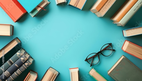 For book lovers, a creative flat lay template of bestsellers and reading glasses captures the joy of reading, with solid background and copy space on center photo