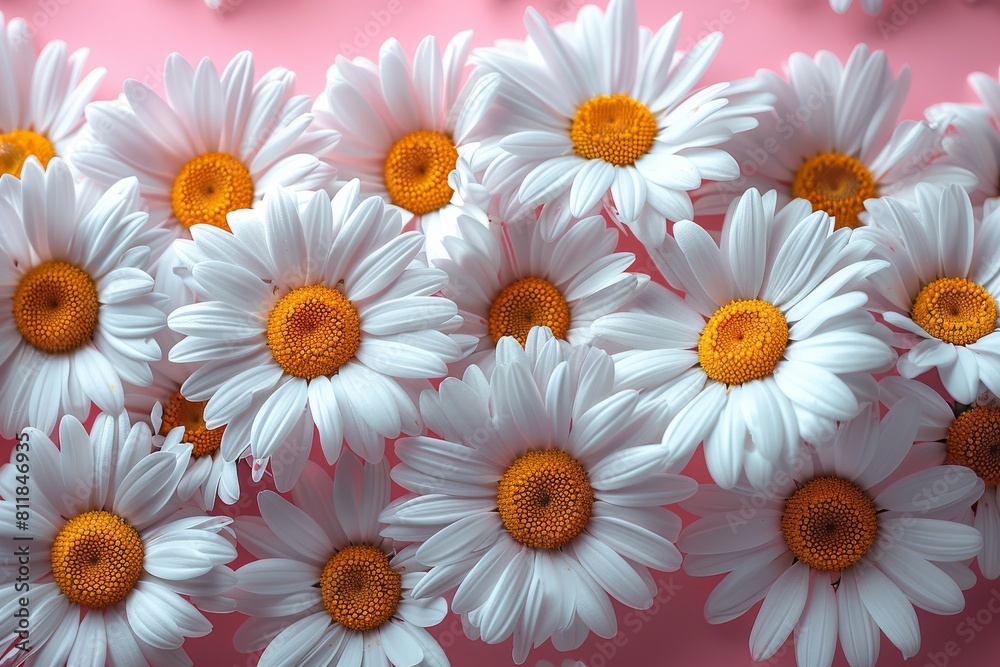 Fototapeta premium Macro shot of vibrant white daisies with yellow centers on a soft pink background
