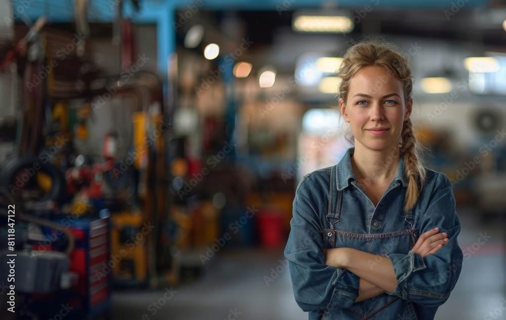 Confident Female Mechanic Standing with Arms Crossed at Her Workplace. Confident Female Mechanic Standing with Arms Crossed at Her Workplace.