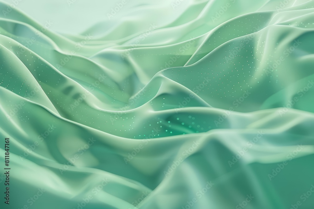 Obraz premium Green gradient minimal backdrops with flowing particles create a serene yet dynamic geometric shape environment, Sharpen 3d rendering background