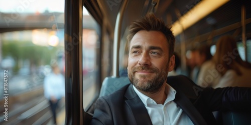 The convenience of the public transport. The man the train sitting by the window. © filmanana