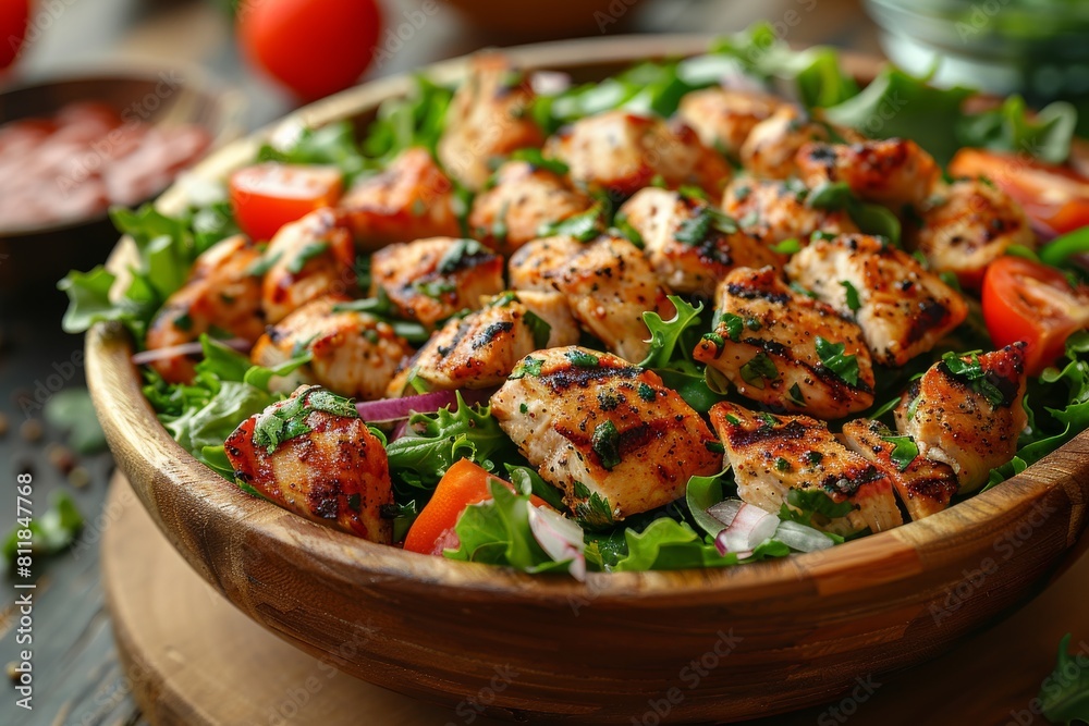 Freshly grilled chicken pieces atop a bed of greens in a rustic wooden bowl, embodying healthy eating Freshly grilled chicken pieces atop a bed of greens in a rustic wooden bowl, embodying healthy eating