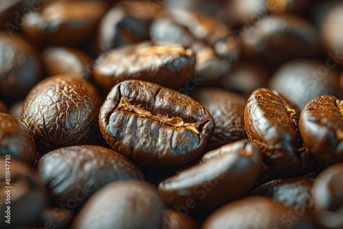 A close-up image focusing on the intricate details and deep colors of freshly roasted coffee beans