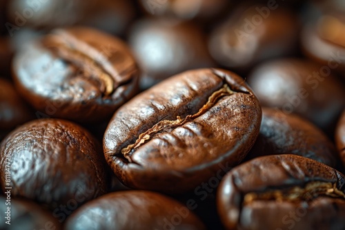 An up-close look at shiny coffee beans, demonstrating the beautiful sheen and texture after roasting photo