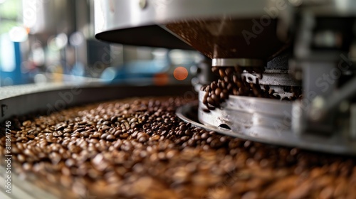 Close up roasting brown coffee beans on professional mixing roaster industry