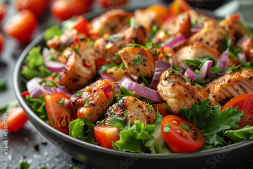Succulent pieces of spicy grilled chicken garnished with fresh herbs on a sleek black plate