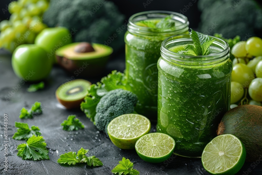 Two jars of homemade green smoothies with fresh grapes, apples, and greens on a dark surface, symbolizing health Two jars of homemade green smoothies with fresh grapes, apples, and greens on a dark surface, symbolizing health